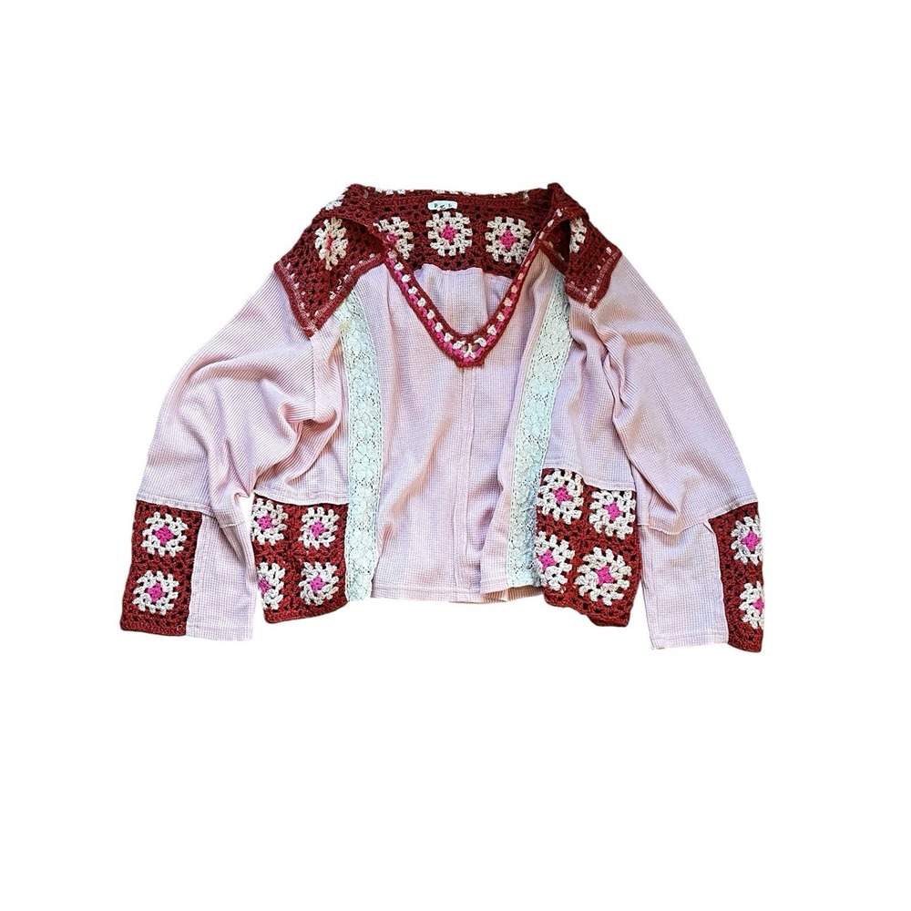 POL Crochet Waffle Knit Hoodie Bell Sleeve Granny Square Sweater